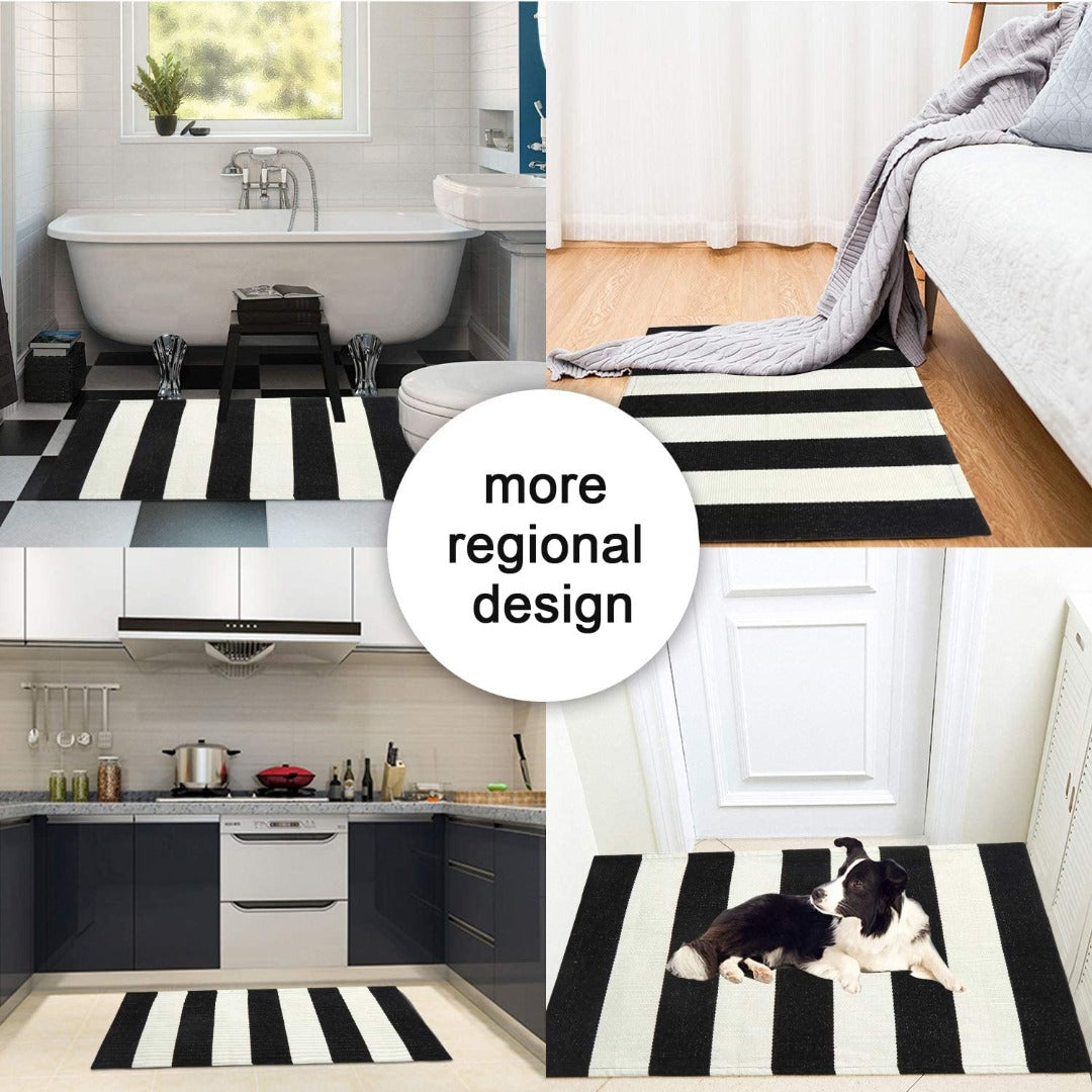 Black and white stripe layering rug